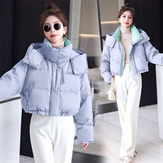 2024冬季新款短款面包服时尚白鸭绒加厚立领拼色羽绒服外套，女装羽绒服，火爆靓佳人