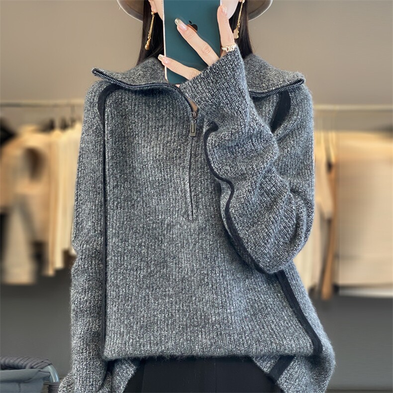 2025年秋季时尚宝贝通勤简约休闲马鞍肩花纱半拉链羊毛衫,女装羊毛衫,丽特绒