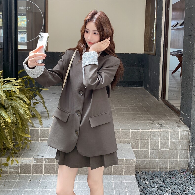 学院风穿搭棕色套装女春秋超火好看高级小众外套百褶半身裙两件套,女装套装/套裙,2C053