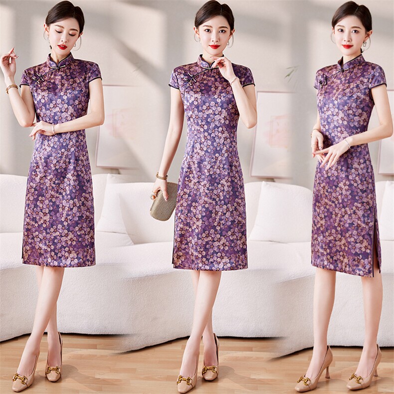 新款气质印花品质旗袍中国低开衩短袖斜襟丝绸民族风日常2025，女装汉服/婚纱/旗袍/礼服，媚琳依坊