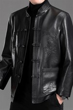 MJ-7001秋季男士休闲立领皮夹克中老年爸爸装唐装PU皮外套P110，男装皮衣，电商B360