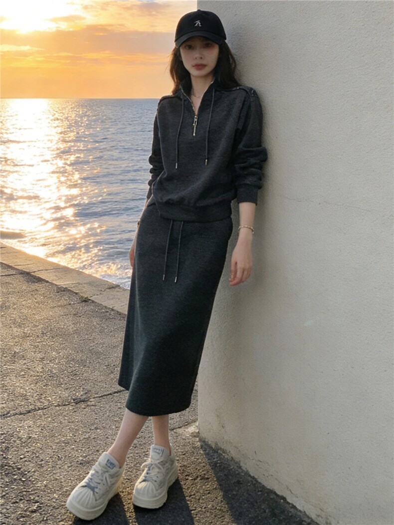高端气质时尚套装裙女春季新款洋气显瘦立领卫衣修身半身裙两件套,女装套装/套裙,江南