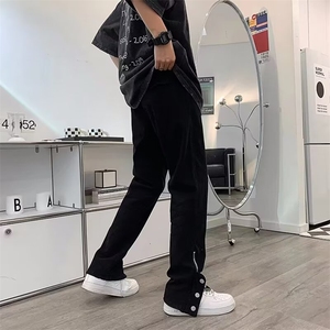 黑色牛仔裤男夏季设计感小众拉链直筒休闲长裤美式复古微喇叭裤子图片