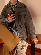 美式复古破洞牛仔外套男女潮宽松痞帅水洗做旧休闲夹克JV503-P68，男装夹克，星座1008