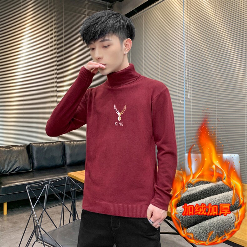 冬季可翻高领毛衣加厚保暖大码刺绣毛衫打底针织衫红M255加绒P43,男装针织衫/毛衣,星座1207