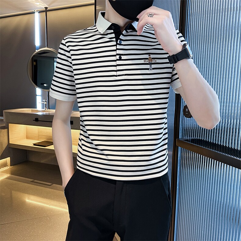 2025夏季经典条纹大码短袖T恤翻领Polo衫T08-P45，男装T恤，电商D342