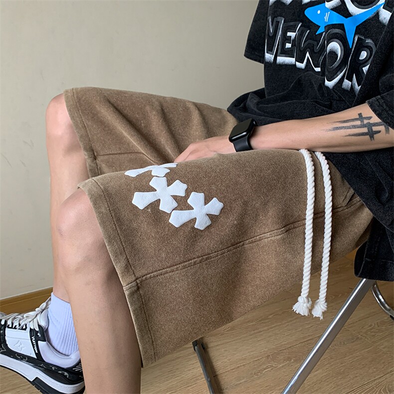 港风纯棉320G重磅水洗做旧发泡印花短裤A014-DY2331-P45控58,男装牛仔裤,电商A014