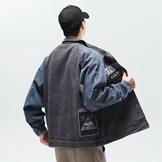 Y8011-P45美式复古字母刺绣牛仔外套男装潮牌宽松复古工装夹克，男装工装外套，电商B323A
