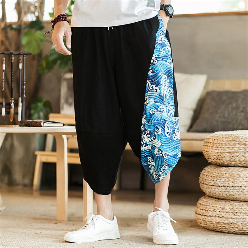 2025新中式汉服阔腿沙滩裤灯笼裤民族风七分裤A057-K55-P40,男装牛仔裤,电商A057B