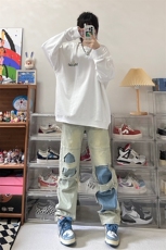 B221美式ins高街暗黑小众撞色破洞直筒牛仔裤LK23109-P65控88，男装牛仔裤，电商B221