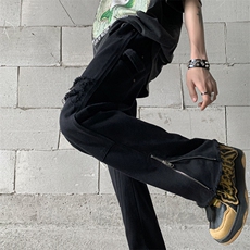 B221美式ins高街暗黑小众破洞拉链牛仔裤LK23069-P65控88，男装牛仔裤，电商B221