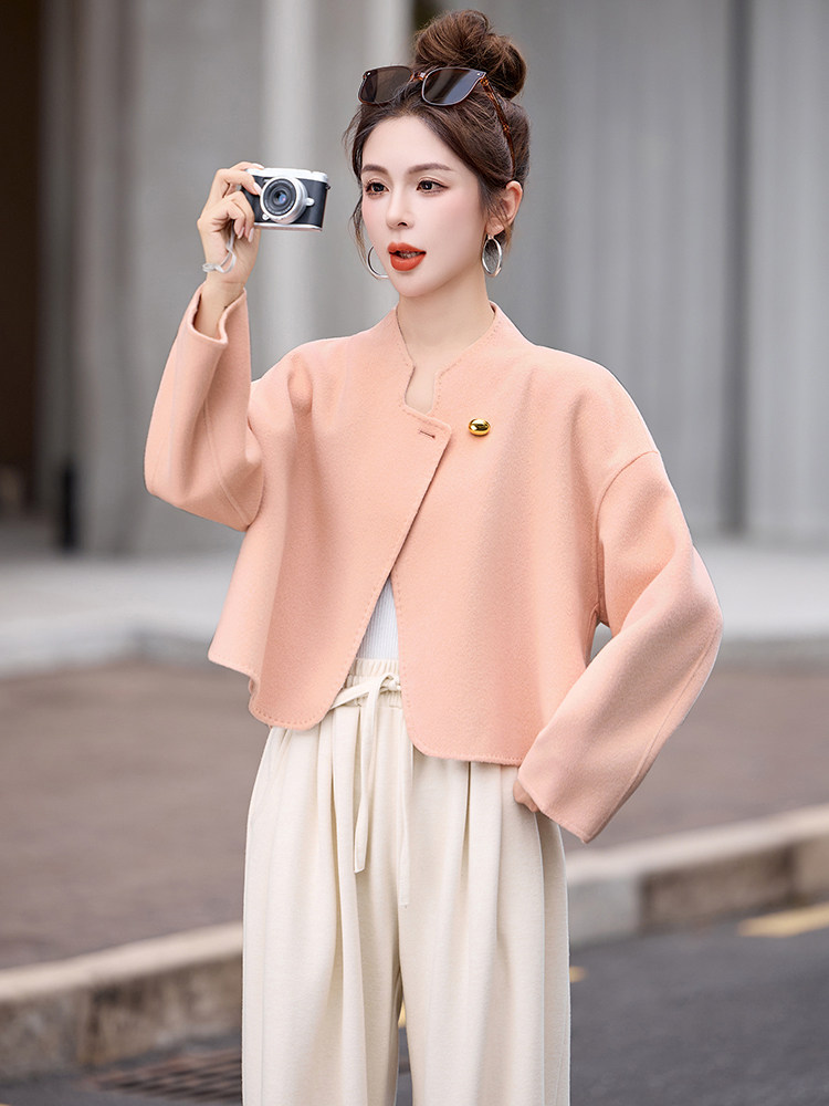 现货韩版短款双面羊毛大衣女时尚2025新款超洋气减龄双面羊毛外套,女装双面呢大衣,仟媚宠
