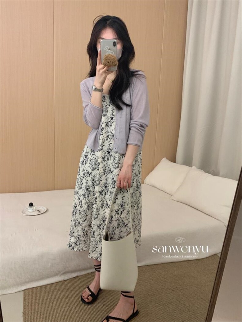 夏季新款碎花吊带裙?针织开衫，女装背心吊带，三文鱼