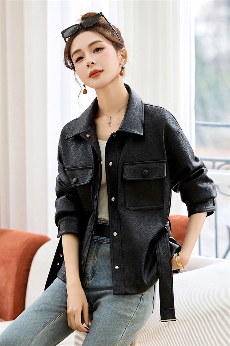 皮衣外套女2025年新款春秋高级感小个子收腰修身显瘦短款翻领夹克,女装皮衣,布芭啦
