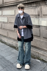 夏季日系复古假两件短袖衬衫男CityBoy休闲五分袖细条纹拼接衬衣，男装衬衫，星座505-2（原电商A260-1)