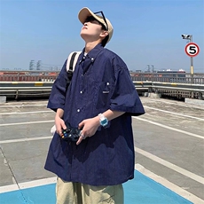 港风日系潮牌条纹格子衬衫男短袖宽松工装半袖衬衣外套C55，男装衬衫，星座1116A-1（原606A）