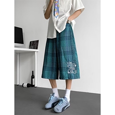 美式复古撞色格子七分休闲裤女夏季2025新款高腰宽松百搭直筒短裤，男装牛仔裤，四季星座505