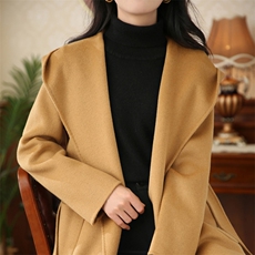 2024设计感连帽羊毛双面呢大衣女外套无扣腰带中长款毛呢子风衣，女装双面呢大衣，悦洋羊绒