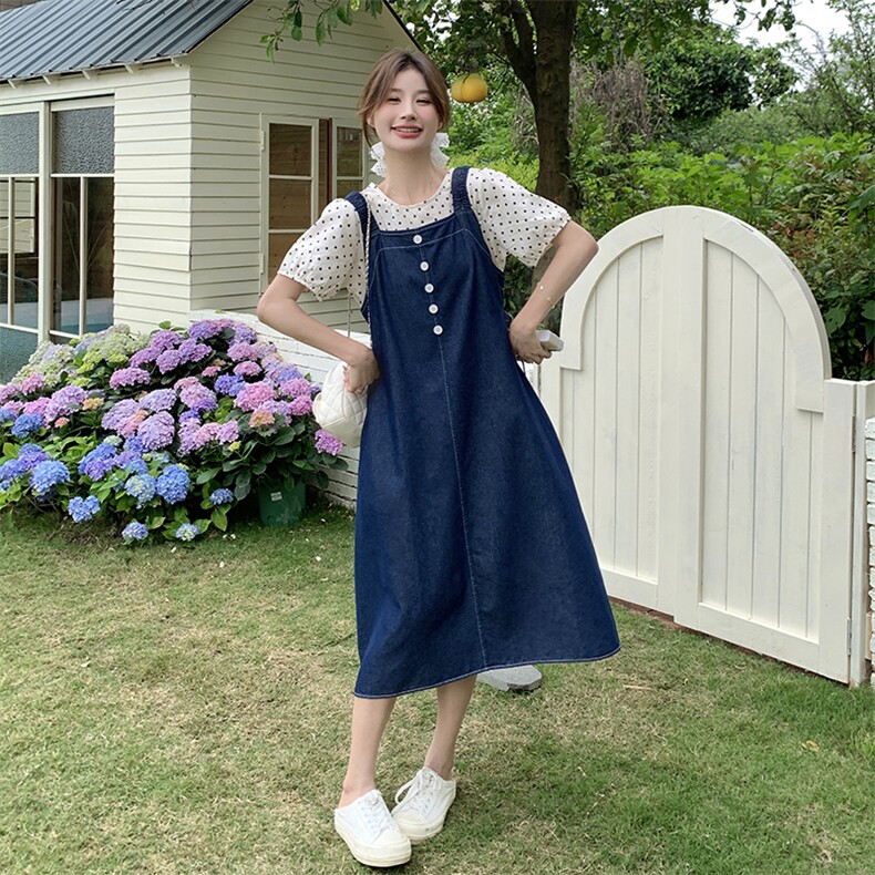 新款现货主推波点上衣+牛仔背带裙9833-P135-K188,女装连衣裙,2C129
