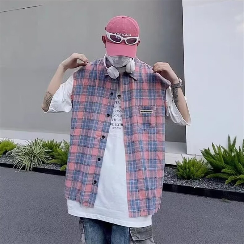 C255-P28美式复古高街无袖t恤格子衬衫男潮牌女嘻哈宽松坎肩,男装衬衫,电商B323A
