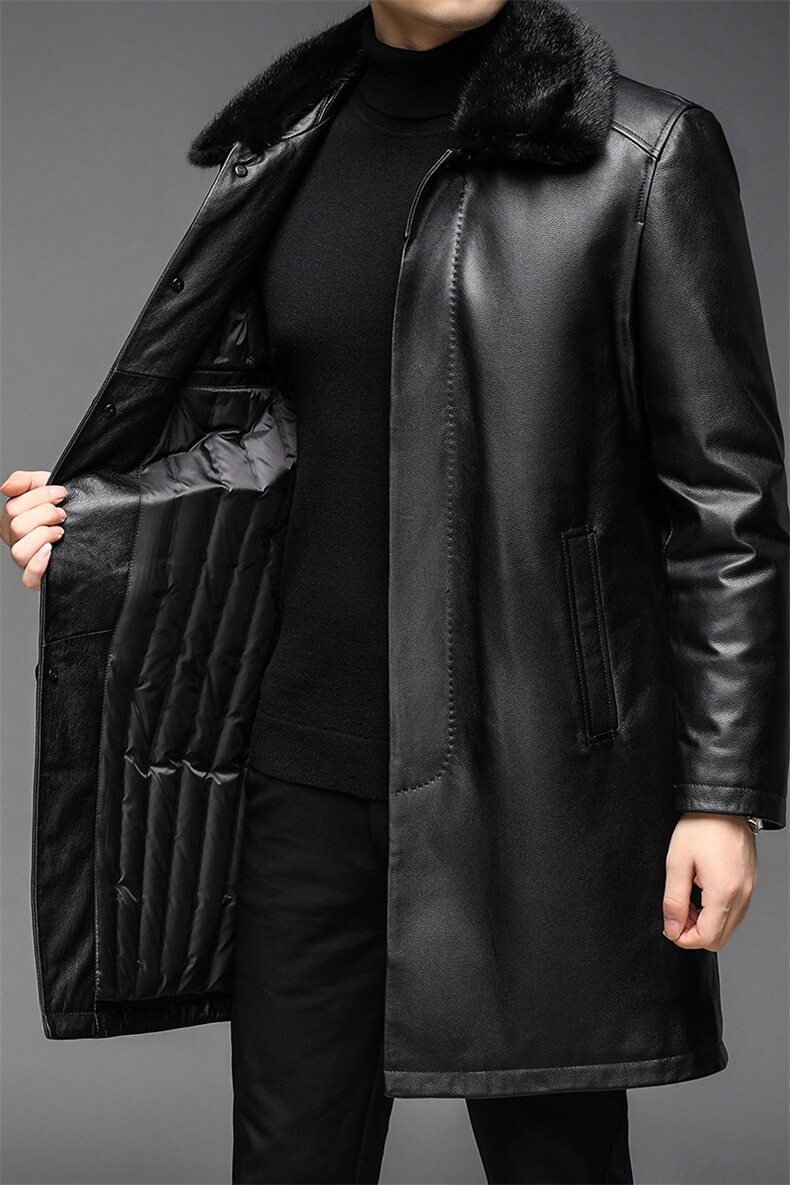 X2287冬季新款男士羽绒牛皮连帽保暖夹克白鹅绒外套P1900,男装皮衣,电商B360