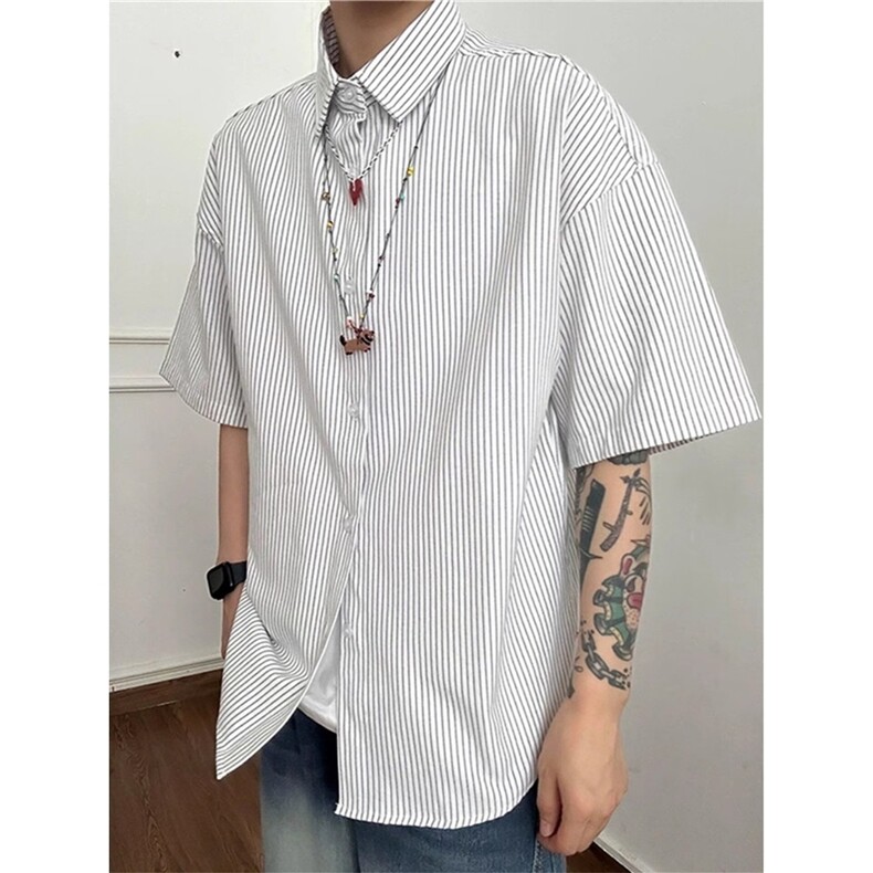 白色正肩条纹短袖衬衫男款夏季日系复古少年感衬衣潮牌五分袖外套,男装T恤,星座208-5