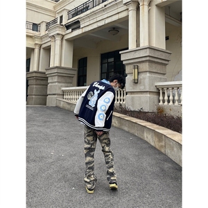 美式vibe迷彩直筒工装牛仔裤男hiphop高街复古微喇修身图片