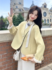 小香风2025秋冬新款V领飘带花朵双面羊绒大衣短款羊毛呢子外套潮，女装毛呢外套，慧尚依恋