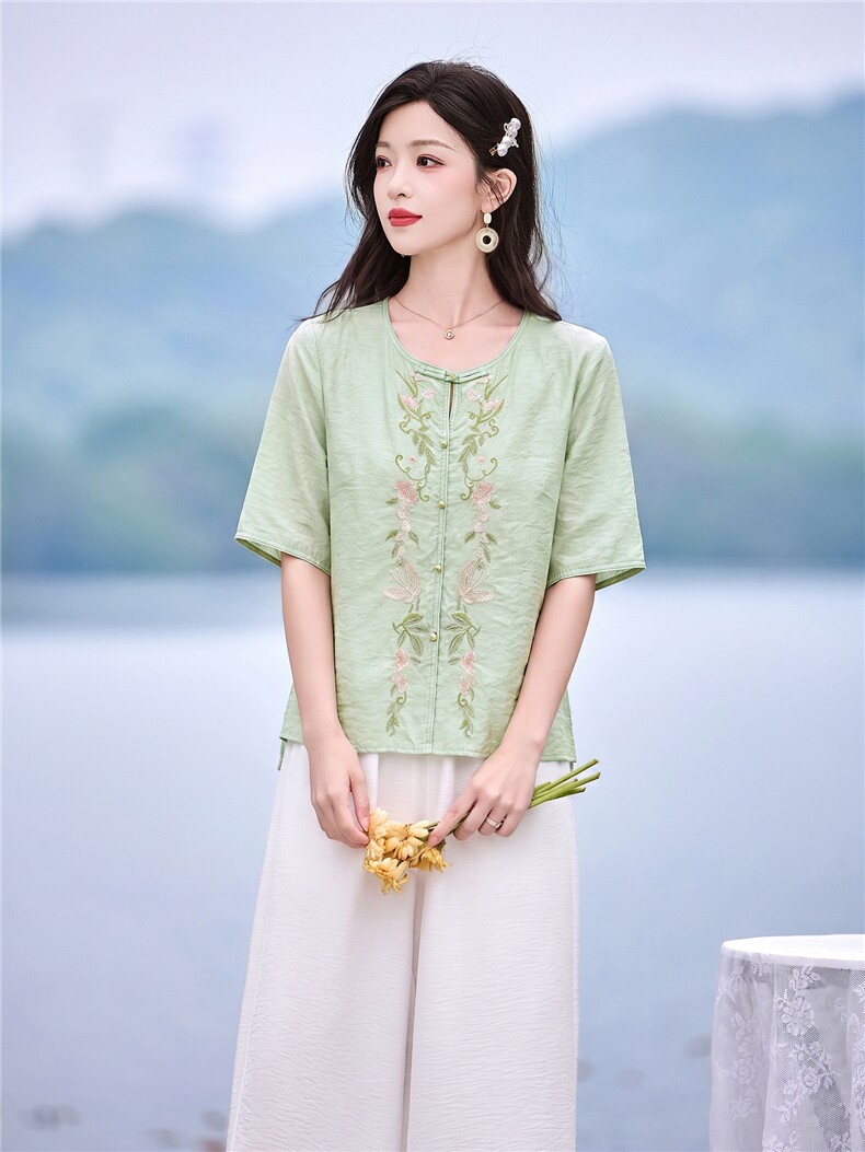 时尚洋气刺绣棉麻套装女2026夏季新款宽松遮肉显瘦阔腿裤两件套,女装套装/套裙,魅影