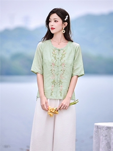 时尚洋气刺绣棉麻套装女2026夏季新款宽松遮肉显瘦阔腿裤两件套图片