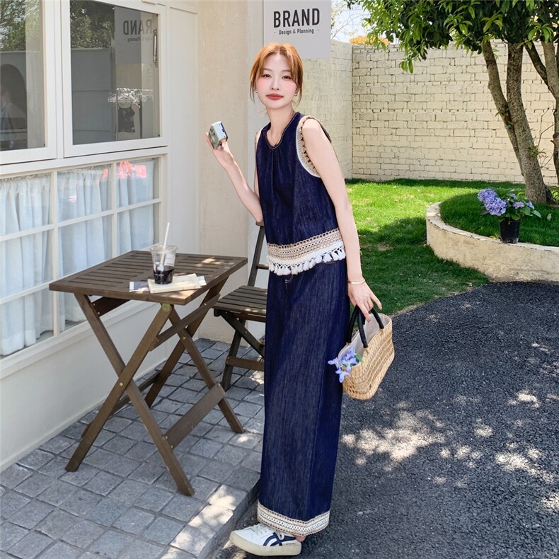 复古民族风牛仔套装女2025夏新款韩版显瘦设计感背心阔腿裤两件套,女装套装/套裙,2C098