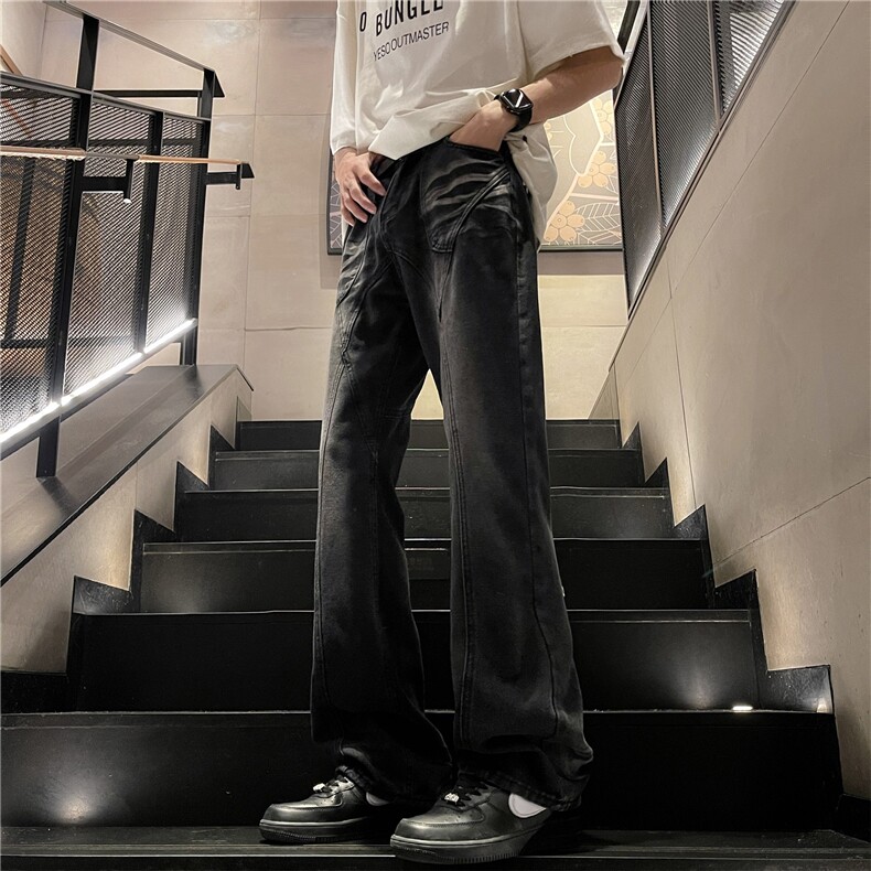 高街水洗拼接牛仔裤新款直筒小众长裤A061-EX4567-P75,男装牛仔裤,电商A061