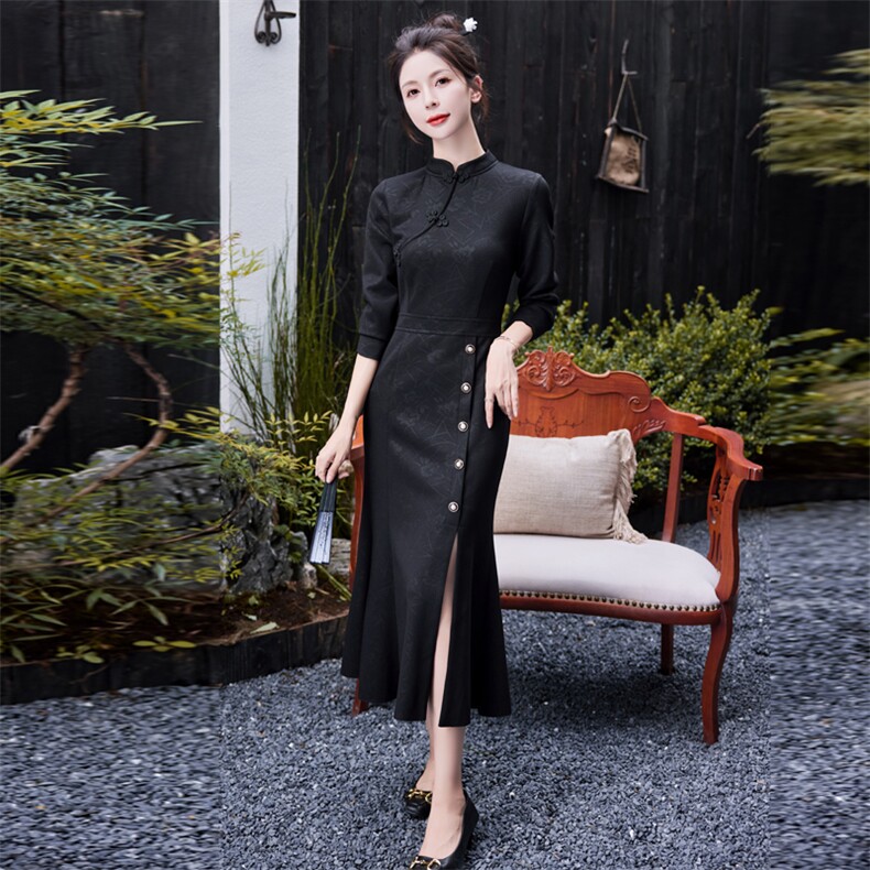 改良旗袍连衣裙女春秋2025新款新中式修身显瘦包臀开叉鱼尾裙,女装连衣裙,水衣源