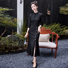 改良旗袍连衣裙女春秋2025新款新中式修身显瘦包臀开叉鱼尾裙，女装连衣裙，水衣源