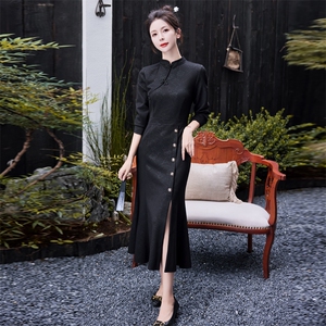 改良旗袍连衣裙女春秋2025新款新中式修身显瘦包臀开叉鱼尾裙图片