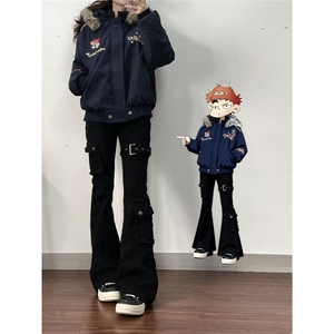 春季美式高街风绑带微喇牛仔裤显瘦修身直筒裤子男女潮LD7811-P49图片