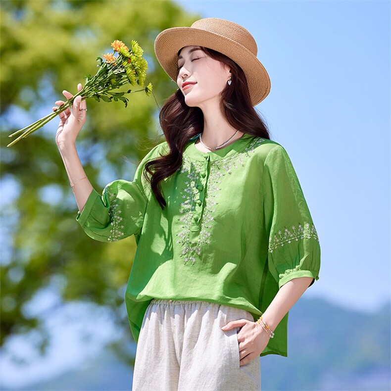 文艺复古刺绣七分袖衬衫女2025夏季新款宽松显瘦气质休闲百搭上衣,女装衬衫,靓衣阁