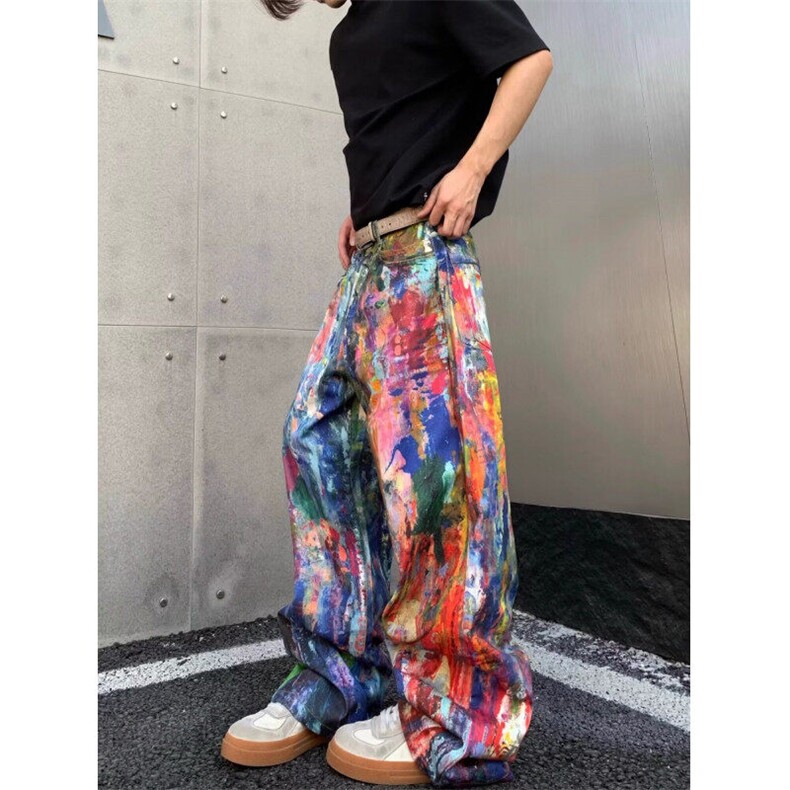 网图美式潮牌泼墨涂鸦牛仔裤男士宽松直筒复古油画风长裤阔腿裤子,男装牛仔裤,星座813-2