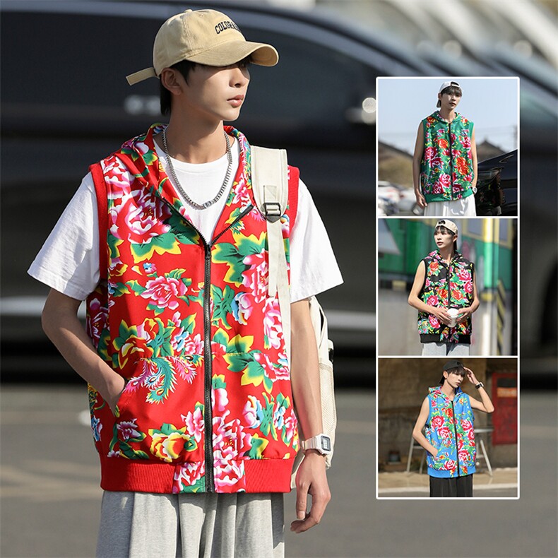 B02东北大花连帽拉链大码新中式汉服民族特色马甲背心坎肩潮男女图片