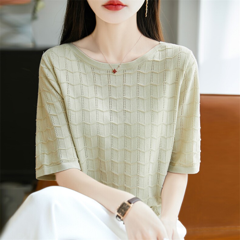 短袖t恤女夏季纯棉正肩宽松显瘦圆领休闲百搭女士半袖T恤上衣,女装T恤,昭美羊绒