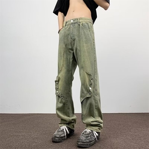 美式复古解构排扣裤子高街潮牌黄泥牛仔裤男微喇裤 G616-P50图片