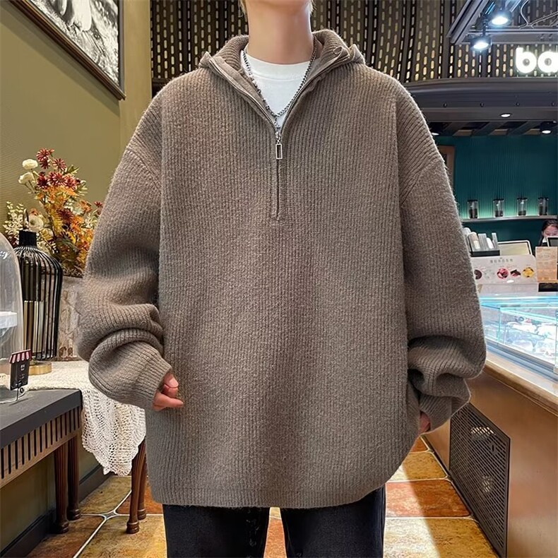 半拉链连帽毛衣男秋冬季潮牌宽松慵懒风针织衫休闲外套MZ803-P51图片