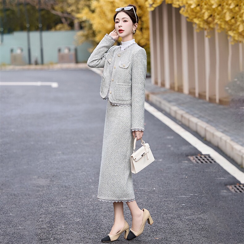 法式小香风羊毛呢套装女2024年秋冬新款感气质半身裙两件套,女装套装/套裙,伊仟回