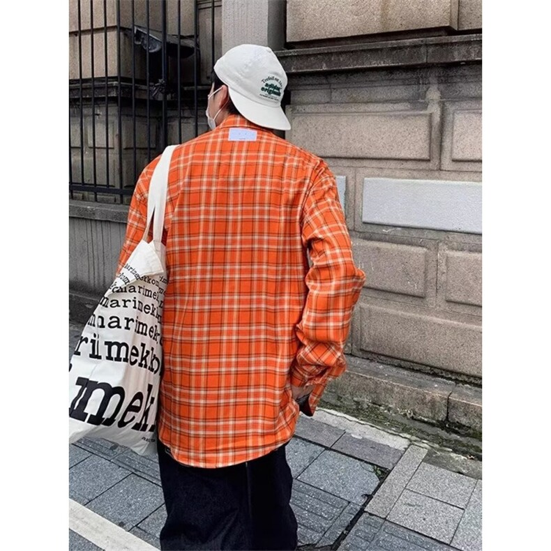 美式复古显白橘色格子衬衫外套女宽松防晒衬衣潮CB408,男装防晒衣,星座1116A（原606A-3）