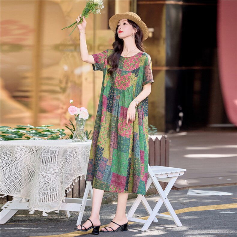 复古印花休闲棉麻连衣裙女2026夏季大码胖mm宽松遮肚显瘦A字裙子,女装连衣裙,倪叶myz