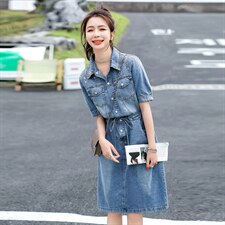 欧货牛仔连衣裙女中长款2025夏季薄款收腰显瘦时尚亮片衬衫A字裙，女装连衣裙，意芙