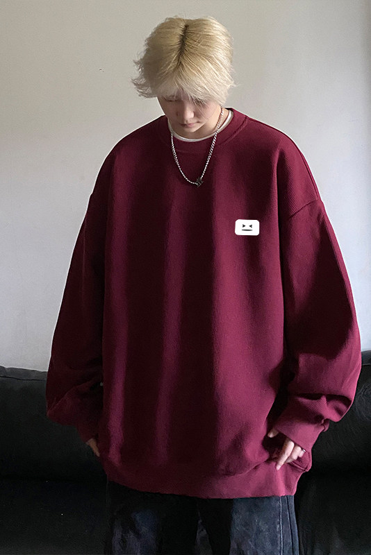 秋季新款宽松休闲上衣华夫格笑脸小标圆领卫衣JK23342特批24控39,男装卫衣,星座605(原A050)