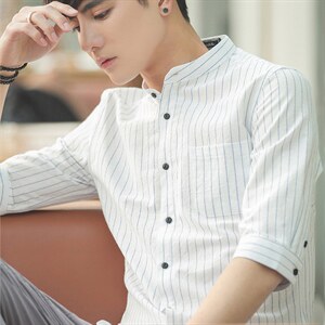 2025夏季条纹衬衫男短袖韩版潮流5五分袖衬衣7七分袖男士T11P40,男装T恤,电商B413