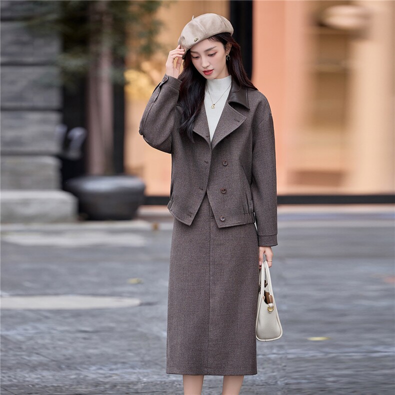 今年流行毛呢气质套装女2025深秋初冬新款翻领短外套半身裙一整套,女装套装/套裙,靓衣阁