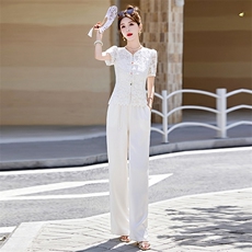 新中式国风蕾丝套装女2024夏季新款今年流行盘扣短袖阔腿裤两件套，女装套装/套裙，布芭啦